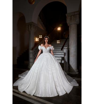 3 Boyutlu Çiçek Detaylı Lady Yaka Prenses Gelinlik