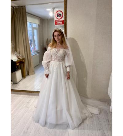 Bohem Kol Detaylı Drapeli A kesim Gelinlik