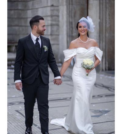 Drape Detaylı İpek Saten Balık Gelinlik 