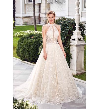 Halter Yaka Sarkaç Kol Detaylı A Kesim Gelinlik