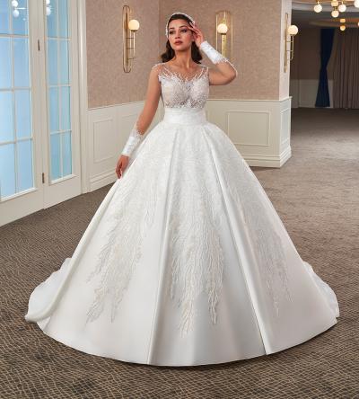 İllüzyon Yaka Uzun Kollu Dantelli Prenses Gelinlik