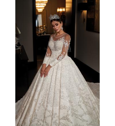 İllüzyon Yaka Uzun Kollu Dantelli Prenses Gelinlik