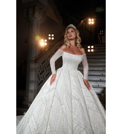 Kayık Yaka Kasnak Dantel Prenses Gelinlik