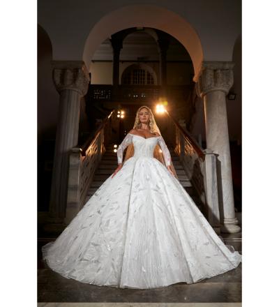 Kayık Yaka Kasnak Dantel Prenses Gelinlik