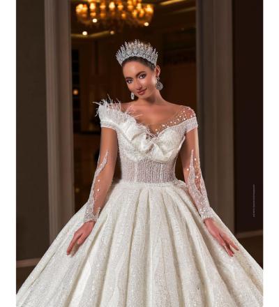 Leydi Yaka Ten Tül Kol Detaylı Prenses Gelinlik