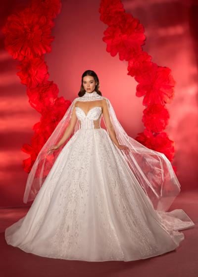 Kalp Yaka Yan Transparan Pelerin Detaylı A Prensen Gelinlik Modeli Model 035