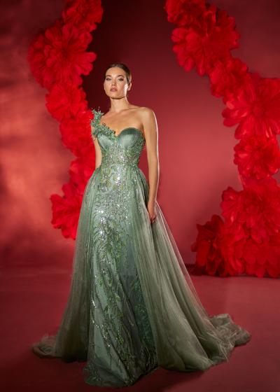 Kalp Yaka Tek Omuzlu Demonte Kuyruk Detaylı Nişanlık Kınalık Abiye Model Model 040