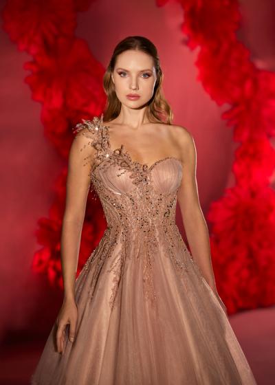 Tek omuz Detaylı Kalp Yaka Dantel İşelemeli Nişanlık Kınalık Abiye Modeli Model 061