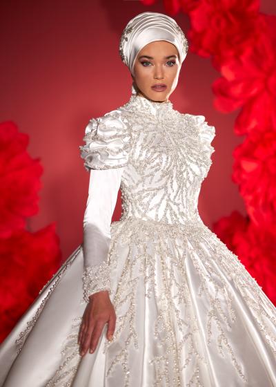 Kasnak İşelemeli Tesettür Gelinlik Modeli Model 070