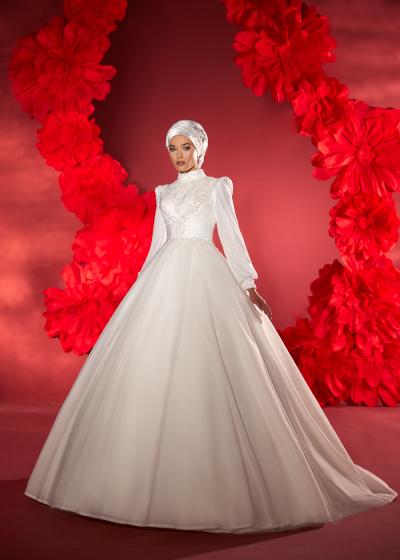 Drape Detaylı Tesettür Kumaş Gelinlik Modeli Model 078