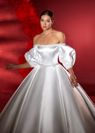 Yan Balon Kollu Pileli Saten Gelinlik Modeli Model 085