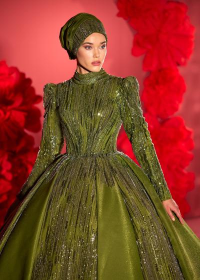 Tesettürlü Pileli Abiye Kınalık Nişanlık Modeli Model 092