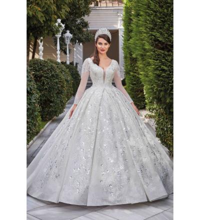 Pileli Uzun Kollu Prenses Gelinlik