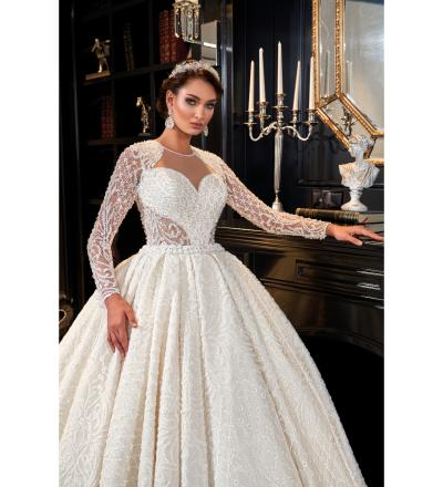 Şerit Detaylı Pileli Prenses Gelinlik