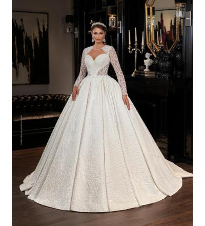 Uzun Kollu Pileli Kasnak Dantel Prenses Gelinlik