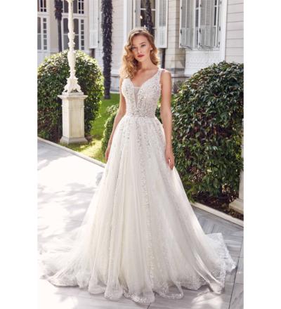 V Yaka Gümüş İşlemeli Pileli Helen Gelinlik