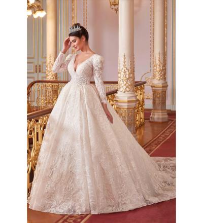 V Yaka Uzun Kollu Pileli Prenses Gelinlik