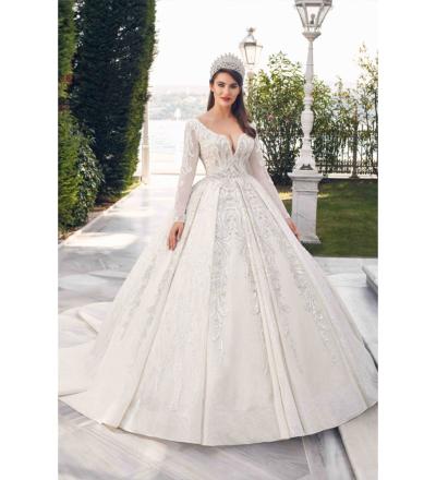 V Yaka Uzun Kollu Transparan Korseli Prenses Gelinlik