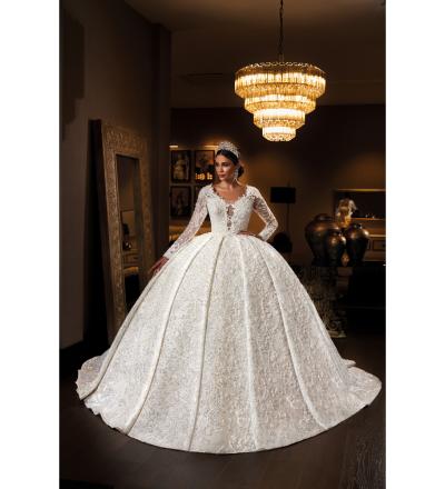 Yuvarlak Yaka Uzun Kollu Prenses Gelinlik